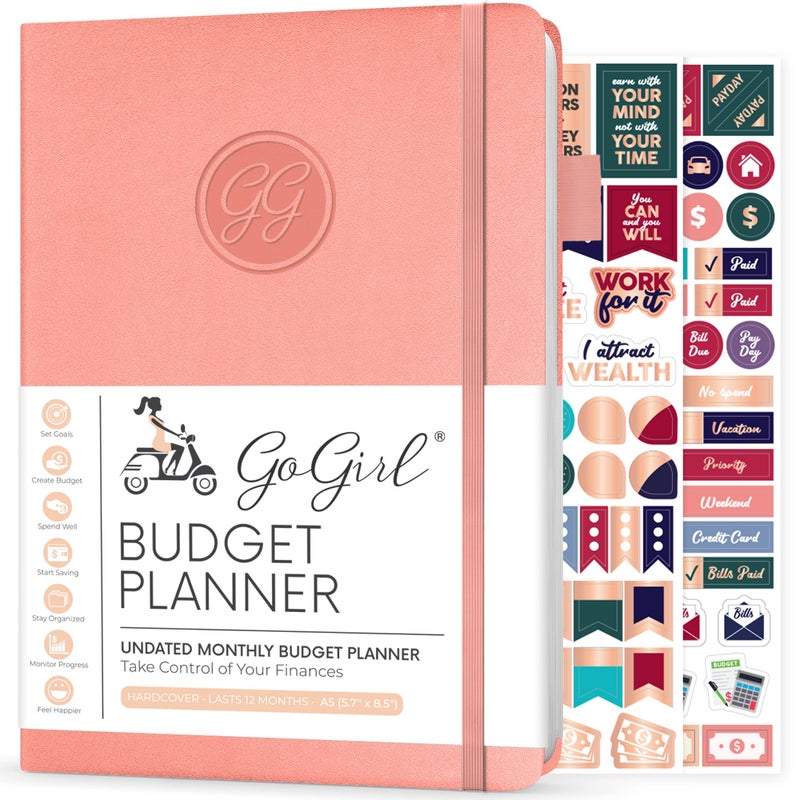 GoGirl Budget Planner â€“ Monthly Financial Planner Organizer Budget Book. Expense Tracker Notebook Journal to Control Money, A5 (Peach Pink) - Image 1